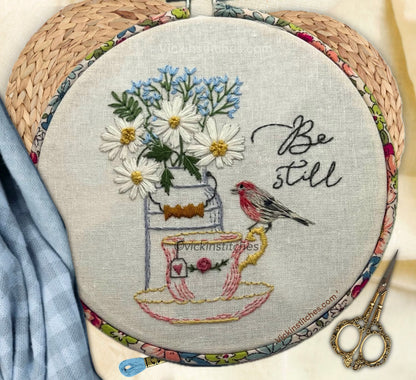 6" Bird and Teacup Floral 'Be Still' Embroidery Kit