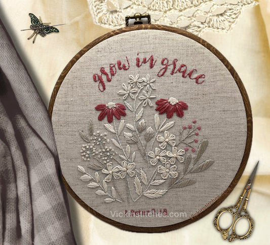 Grow in Grace rose floral embroidery kit . 8” embroidery kit. vintage home decor