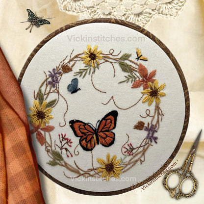 Monarch butterfly Autumn wreath of wildflowers, butterflies & vine . 8” hoop design