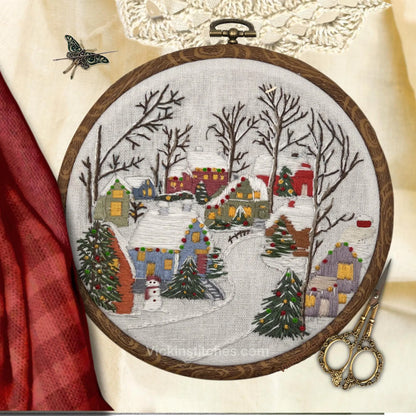 Christmas holiday winter village embroidery kit.