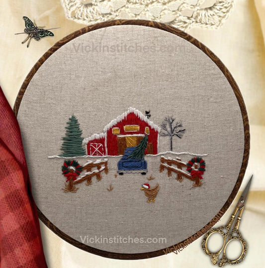 Christmas on the farm. Hand embroidery kit. 7” farmhouse Christmas