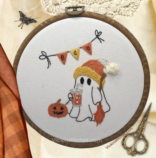 BooGee ghost with drink cup and candy hat embroidery kit. Modern 6” design