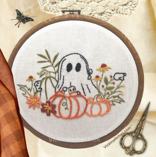 Boo garden ghosts among pumpkins and autumn flowers embroidery kit -8” hoop design