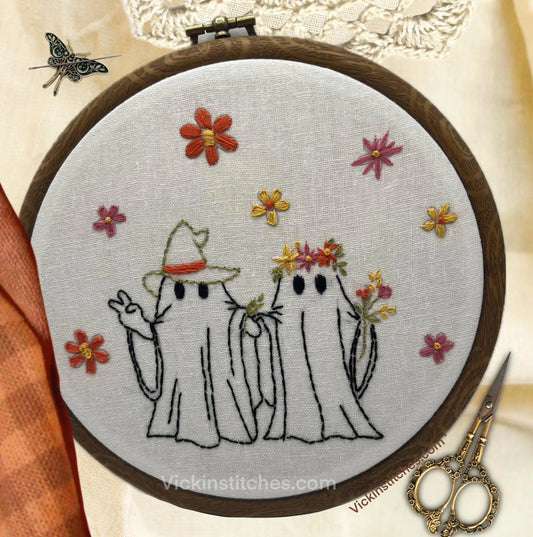 Boho hippy ghost & his “boo” hand embroidery kit design -8” hoop