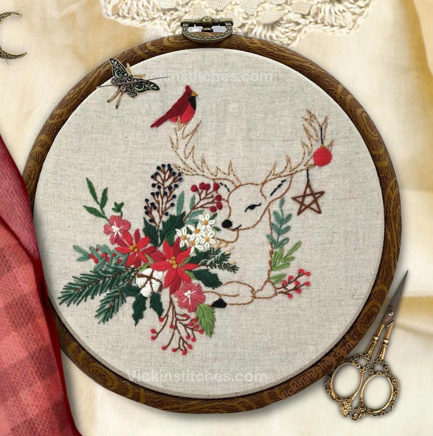 Christmas floral with reindeer hand embroidery design kit for beginners