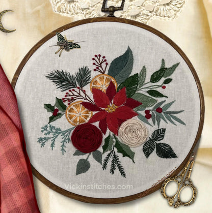 8" Christmas Floral Bouquet with Roses Embroidery Kit