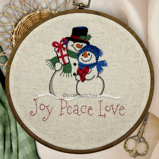 8" Snowman Couple 'Joy Peace Love' Embroidery Kit