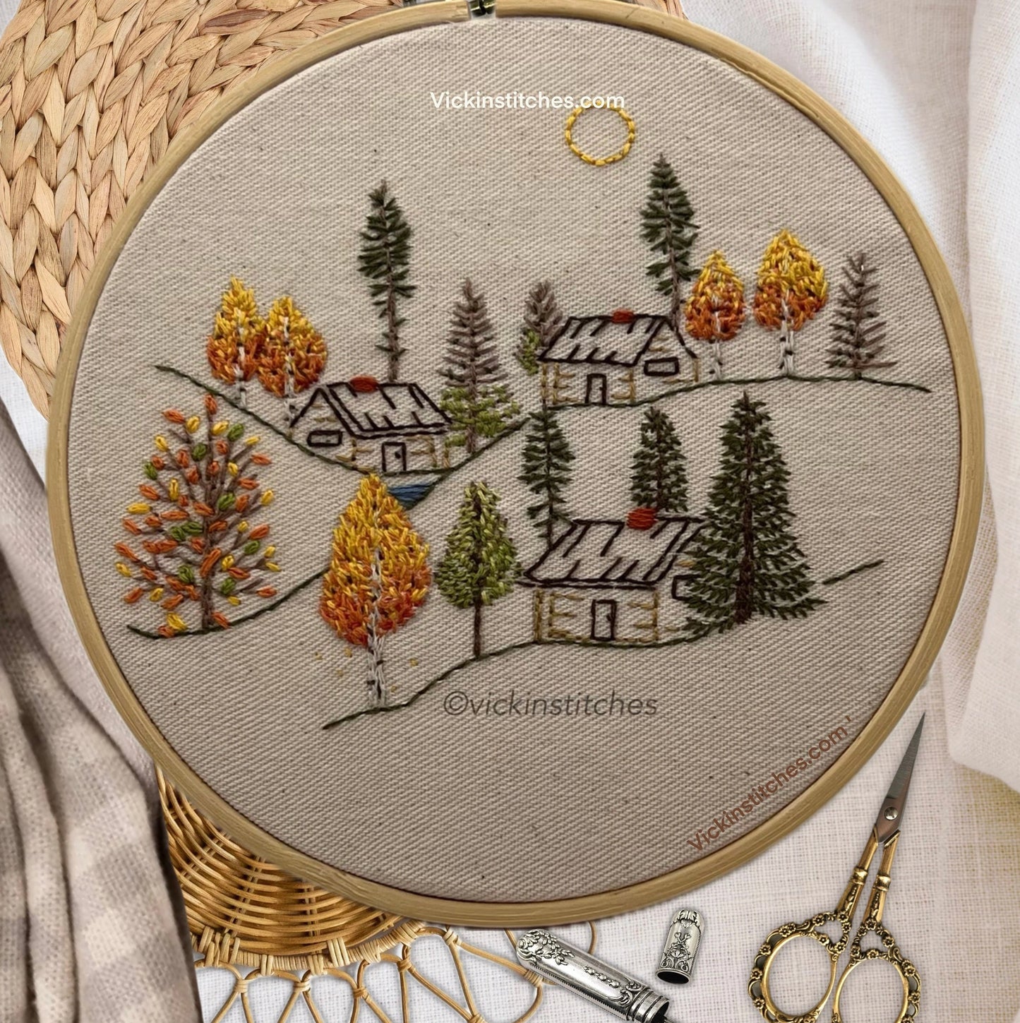 6" Autumn Cabin Embroidery Pattern PDF Download