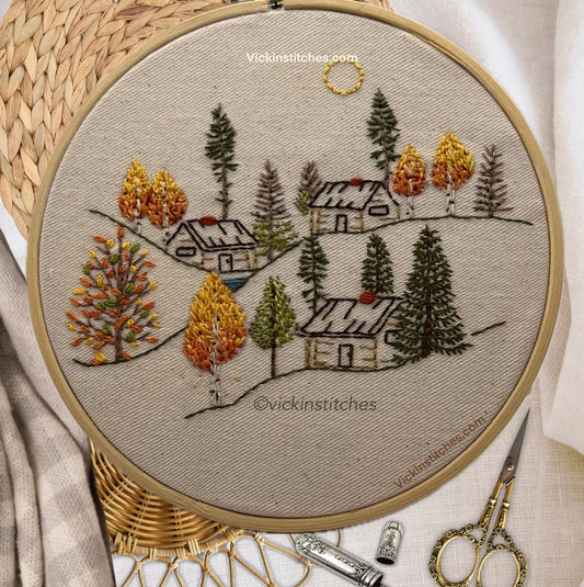 8" Autumn Cabin in the Woods Forest Embroidery Kit