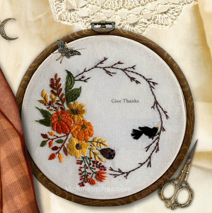 6" Autumn Wreath Floral Pumpkin Embroidery Kit