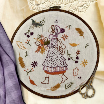 8" Fall Girl Autumn Embroidery Pattern PDF Download