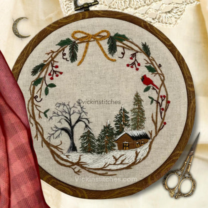 8" Christmas Cabin in the Snowy Woods Wreath Embroidery Kit