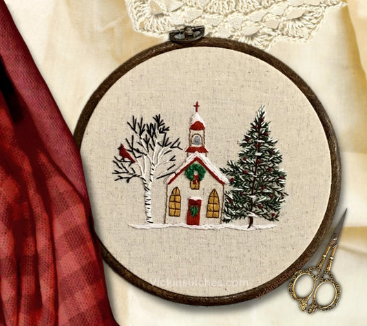 6" The Christmas Church in Winter, Cardinal Bird Embroidery Kit