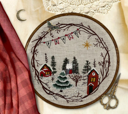 winter Christmas Village  wreath  Embroidery Design Pattern pdf download . Holiday