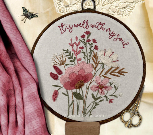 8" It is well with my Soul- Rose Floral Embroidery Pattern PDF