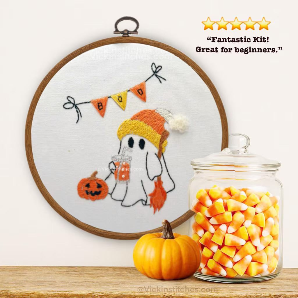 BooGee ghost with drink cup and candy hat embroidery kit. Modern 6” design