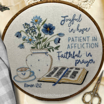 Christian scripture blue  floral embroidery kit for beginners. Faithful in prayer. Romans.  embroidery wall decor  Psalm embroidery kit.