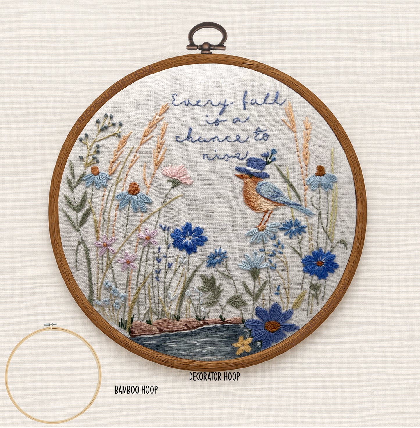 Bluebird Pond Embroidery Kit • DIY Hand Embroidery Pattern with Flowers & Quote • Beginner Friendly Fall Hoop Art • Inspirational Stitching