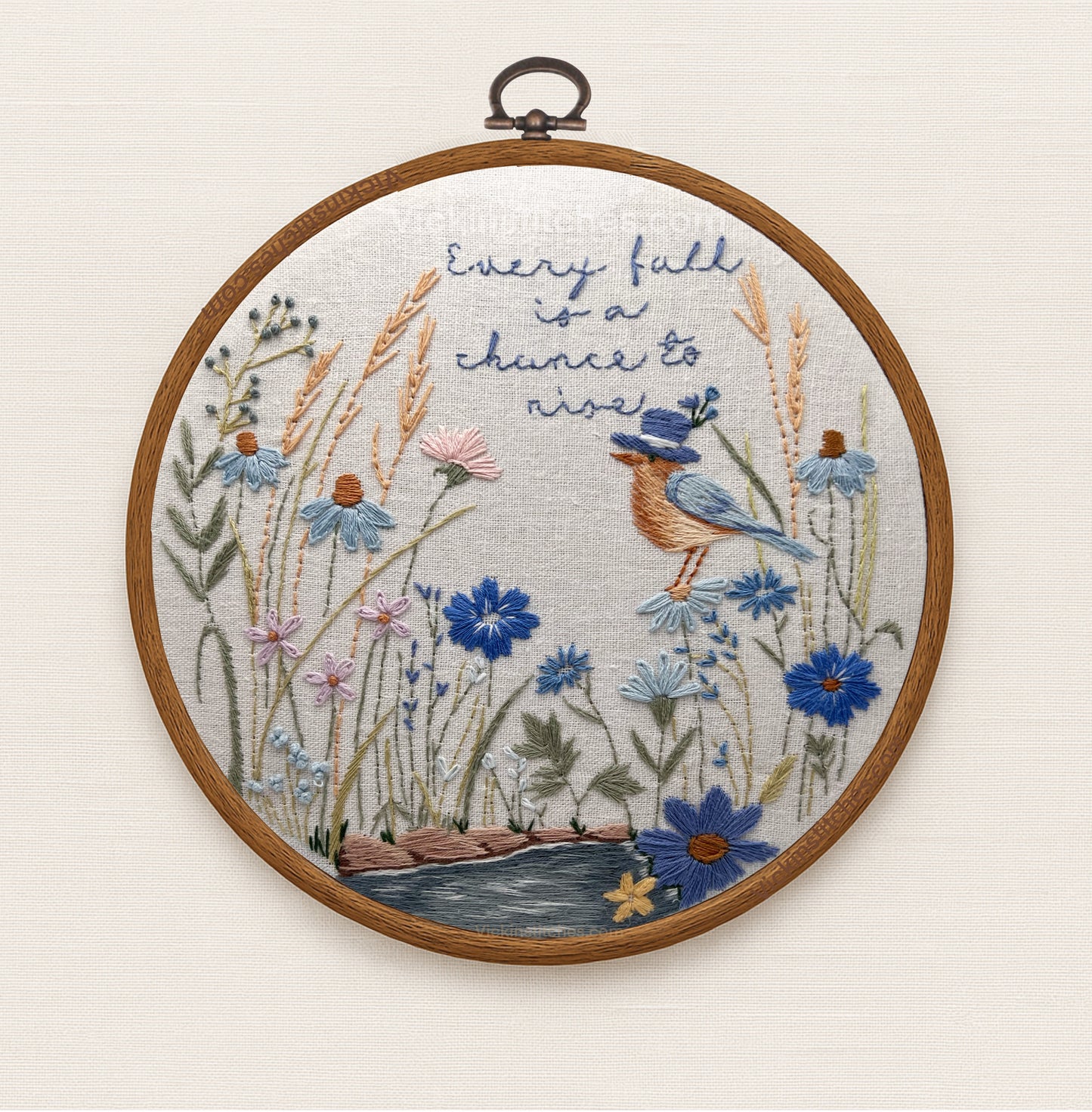 Bluebird Pond Embroidery Kit • DIY Hand Embroidery Pattern with Flowers & Quote • Beginner Friendly Fall Hoop Art • Inspirational Stitching