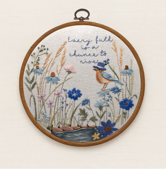Bluebird Pond Embroidery Kit • DIY Hand Embroidery Pattern with Flowers & Quote • Beginner Friendly Fall Hoop Art • Inspirational Stitching