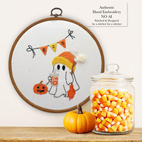 BooGee ghost with drink cup and candy hat embroidery kit. Modern 6” design