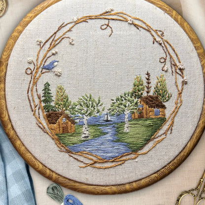 8” Cabin by the lake  woodland Embroidery Kit