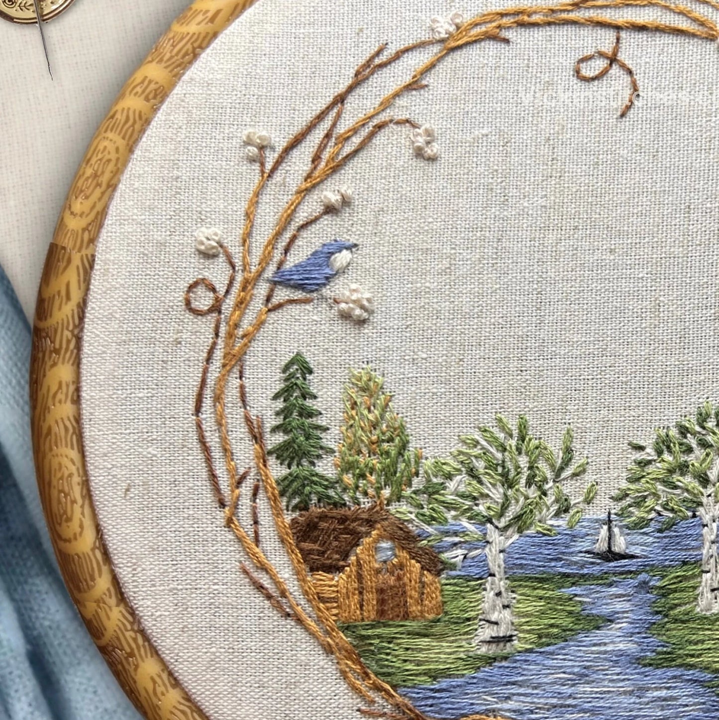 8” Cabin by the lake  woodland Embroidery Kit