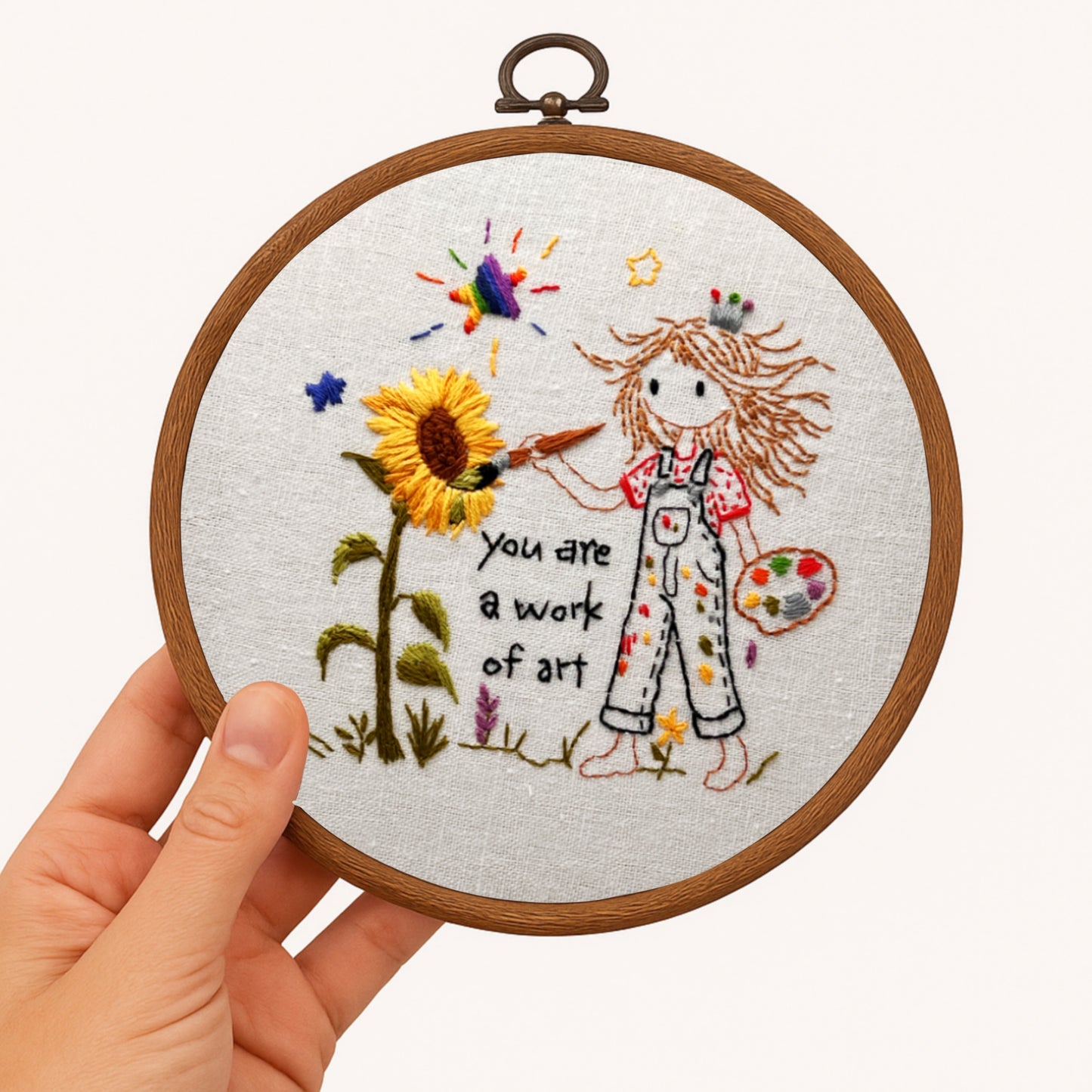 You Are a Work of Art- little artist painter Embroidery Kit for girls  –beginner Sunflower empowerment message for girls