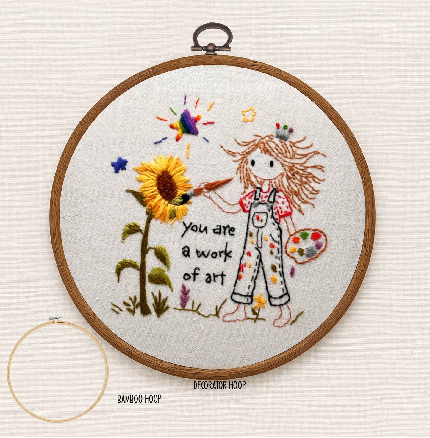 You Are a Work of Art- little artist painter Embroidery Kit for girls  –beginner Sunflower empowerment message for girls