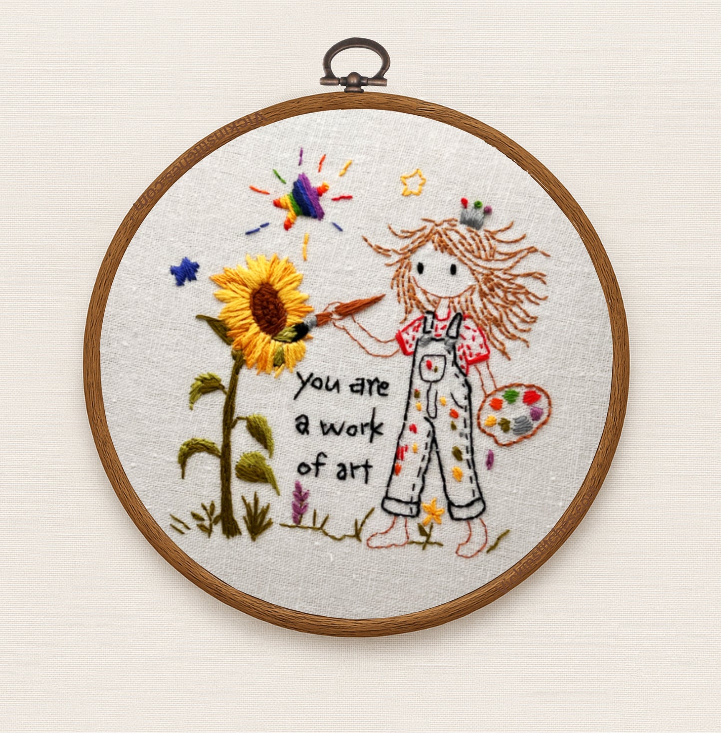 You Are a Work of Art- little artist painter Embroidery Kit for girls  –beginner Sunflower empowerment message for girls