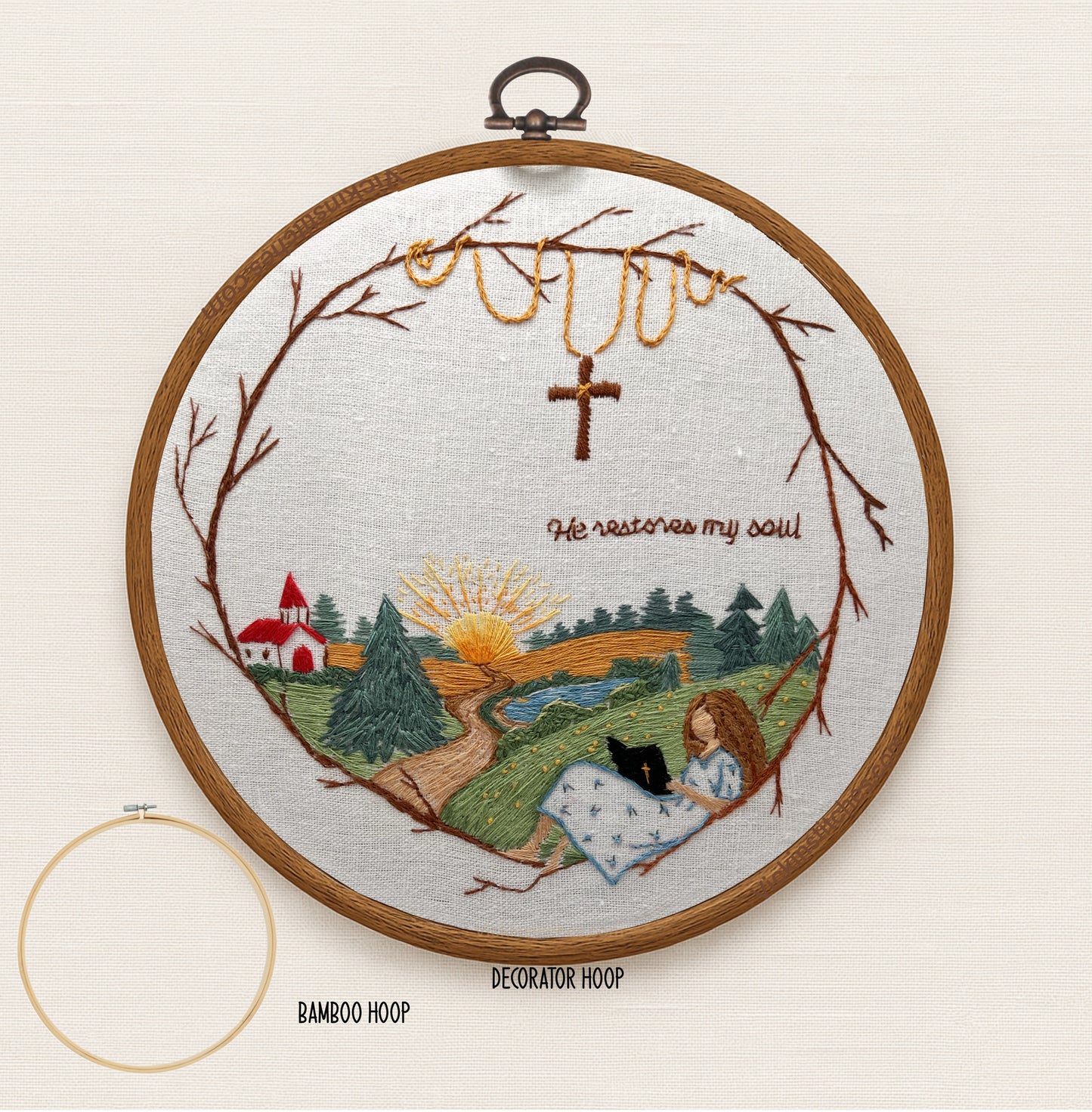 He Restores My Soul - Landscape church Embroidery Kit, Christian Hand Embroidery Scene, Peaceful Faith Stitch, Bible Verse Wall Art for Home