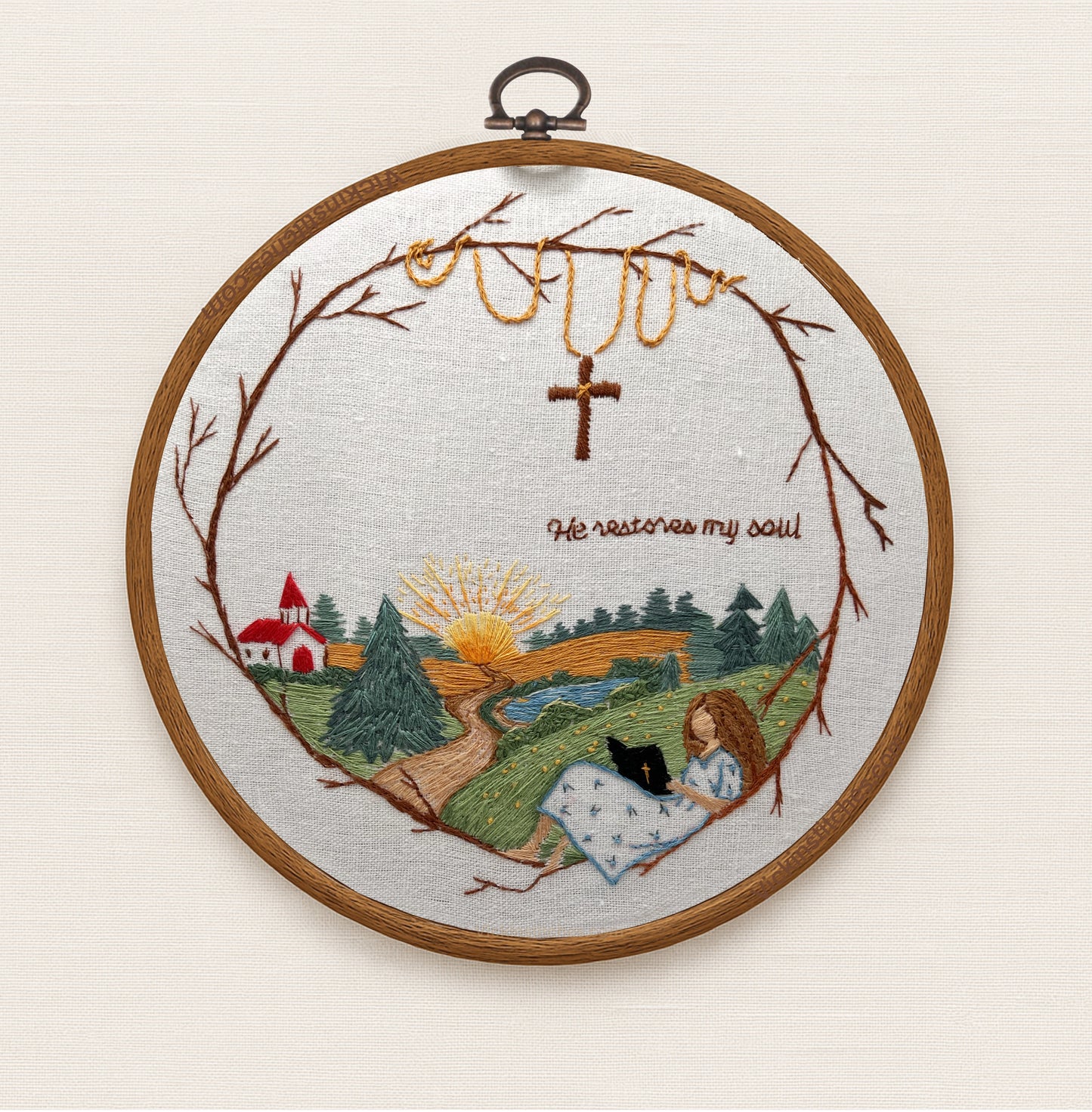 He Restores My Soul - Landscape church Embroidery Kit, Christian Hand Embroidery Scene, Peaceful Faith Stitch, Bible Verse Wall Art for Home