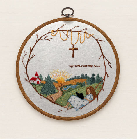 He Restores My Soul - Landscape church Embroidery Kit, Christian Hand Embroidery Scene, Peaceful Faith Stitch, Bible Verse Wall Art for Home