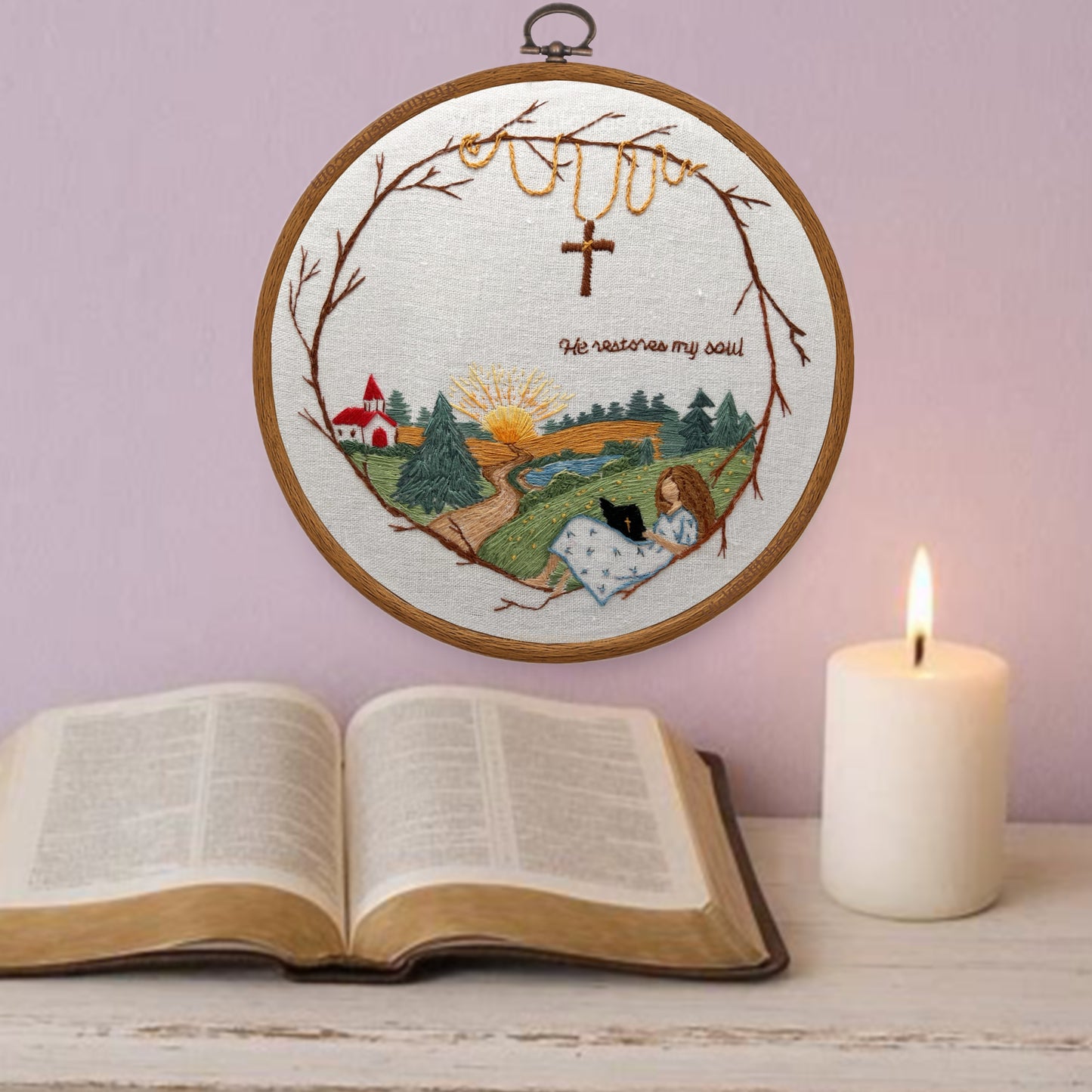 He Restores My Soul - Landscape church Embroidery Kit, Christian Hand Embroidery Scene, Peaceful Faith Stitch, Bible Verse Wall Art for Home