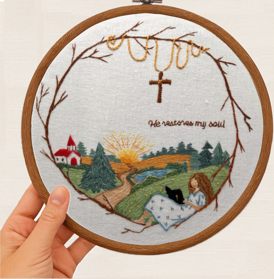 He Restores My Soul - Landscape church Embroidery Kit, Christian Hand Embroidery Scene, Peaceful Faith Stitch, Bible Verse Wall Art for Home