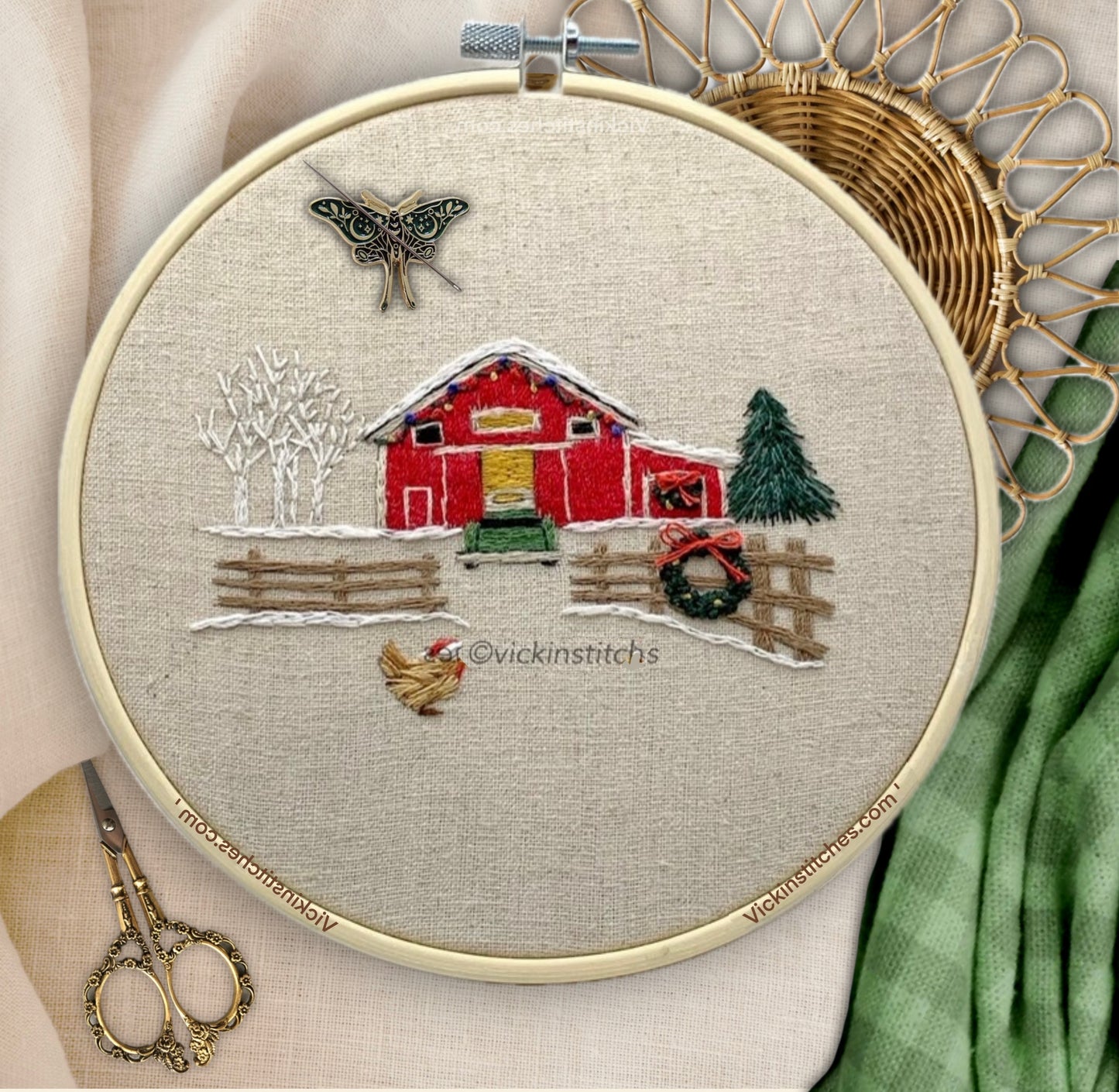 Christmas Barn embroidery kit for beginners. Barn, pickup truck, chicken holiday Embroidery Kit