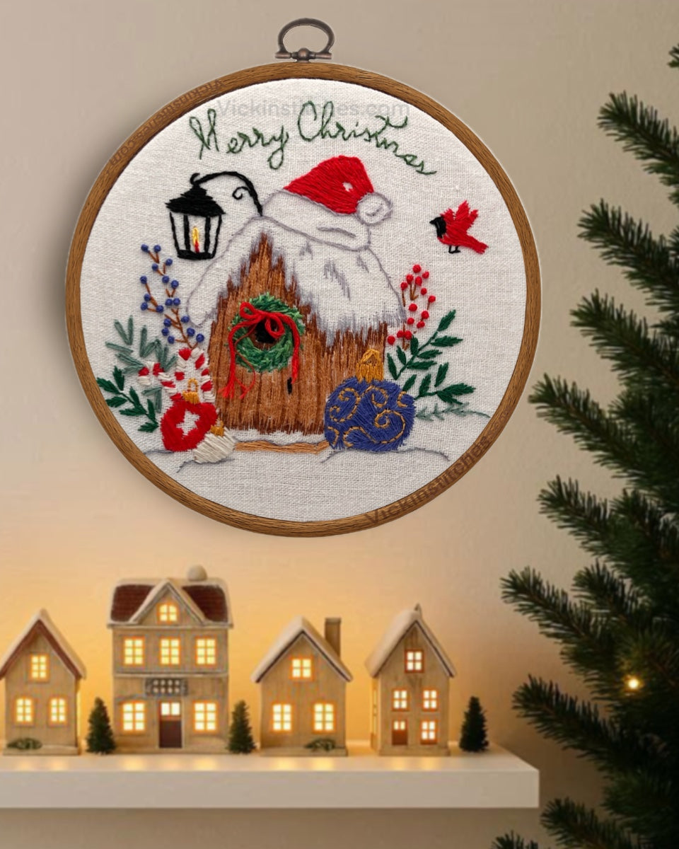 Merry Christmas Embroidery Kit | Cardinal birdhouse Design