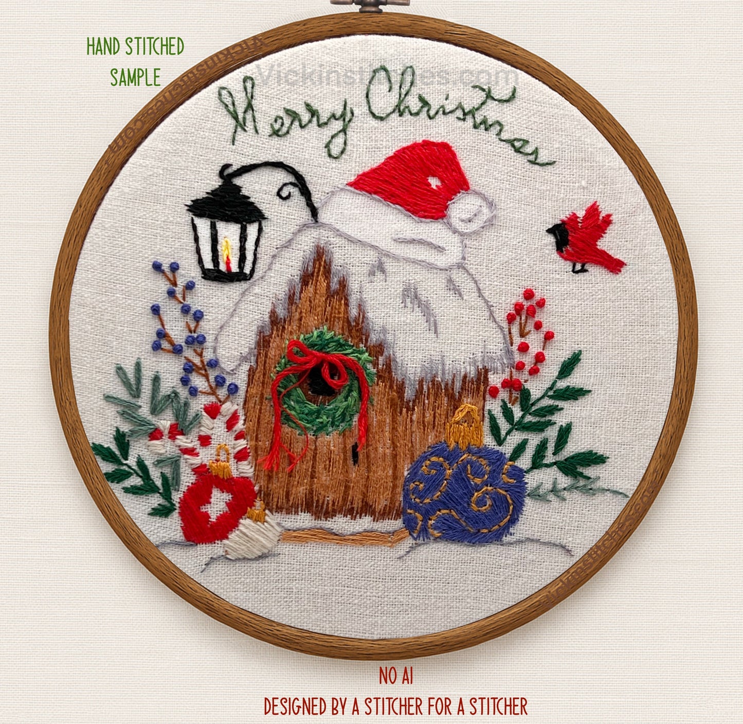 Merry Christmas Embroidery Kit | Cardinal birdhouse Design