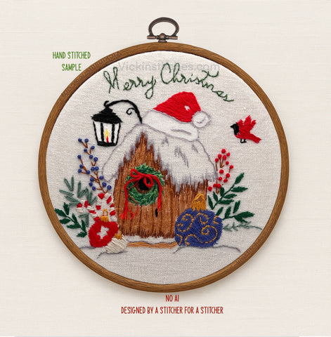 Merry Christmas Embroidery Kit | Cardinal birdhouse Design