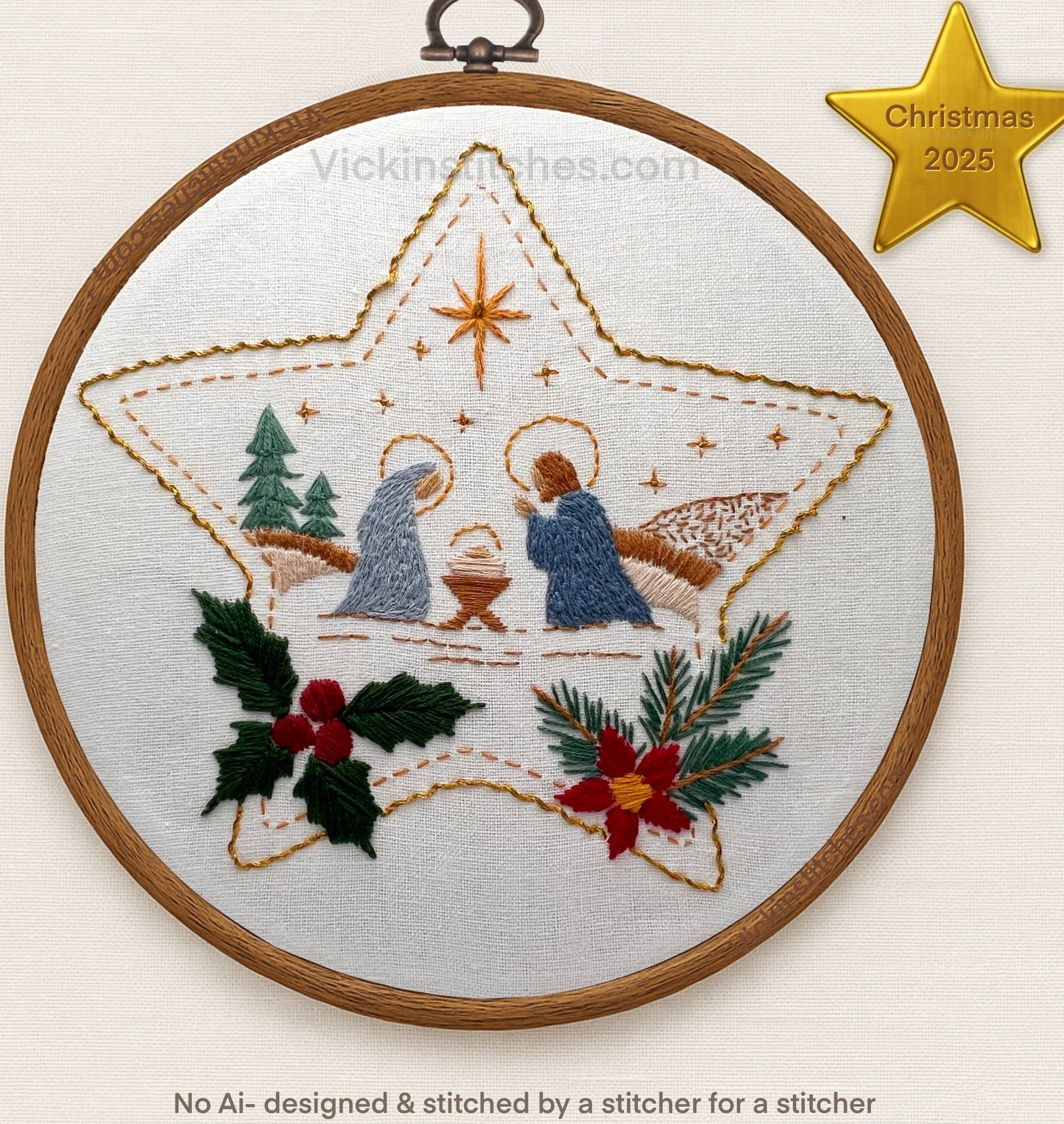 Christmas Nativity Embroidery Kit • Star Hoop Design • Beginner Kit • Manger Scene • Holiday Decor Gift
