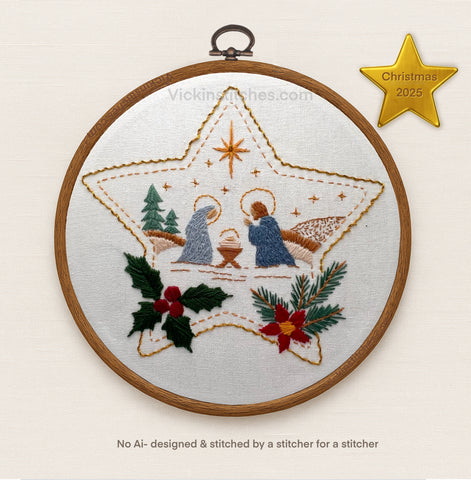 Christmas Nativity Embroidery Kit • Star Hoop Design • Beginner Kit • Manger Scene • Holiday Decor Gift