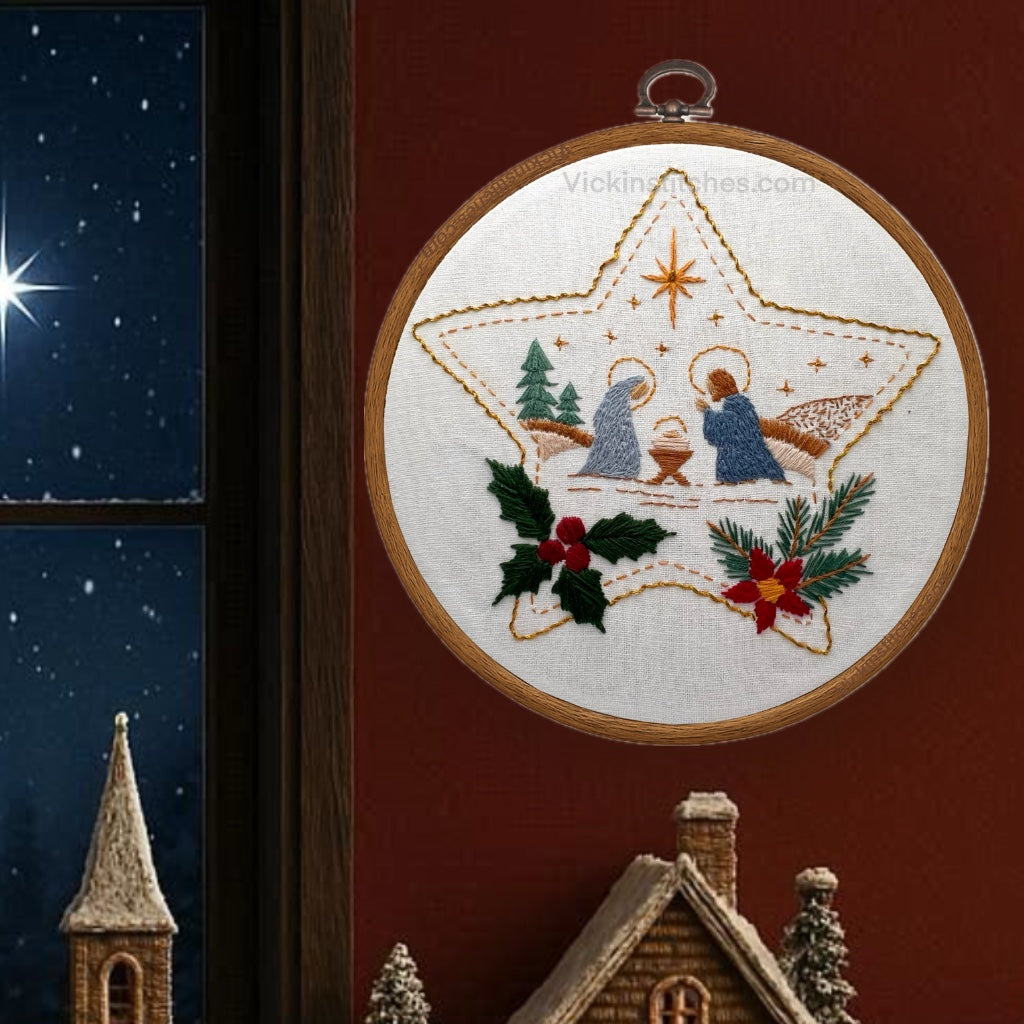 Christmas Nativity Embroidery Kit • Star Hoop Design • Beginner Kit • Manger Scene • Holiday Decor Gift