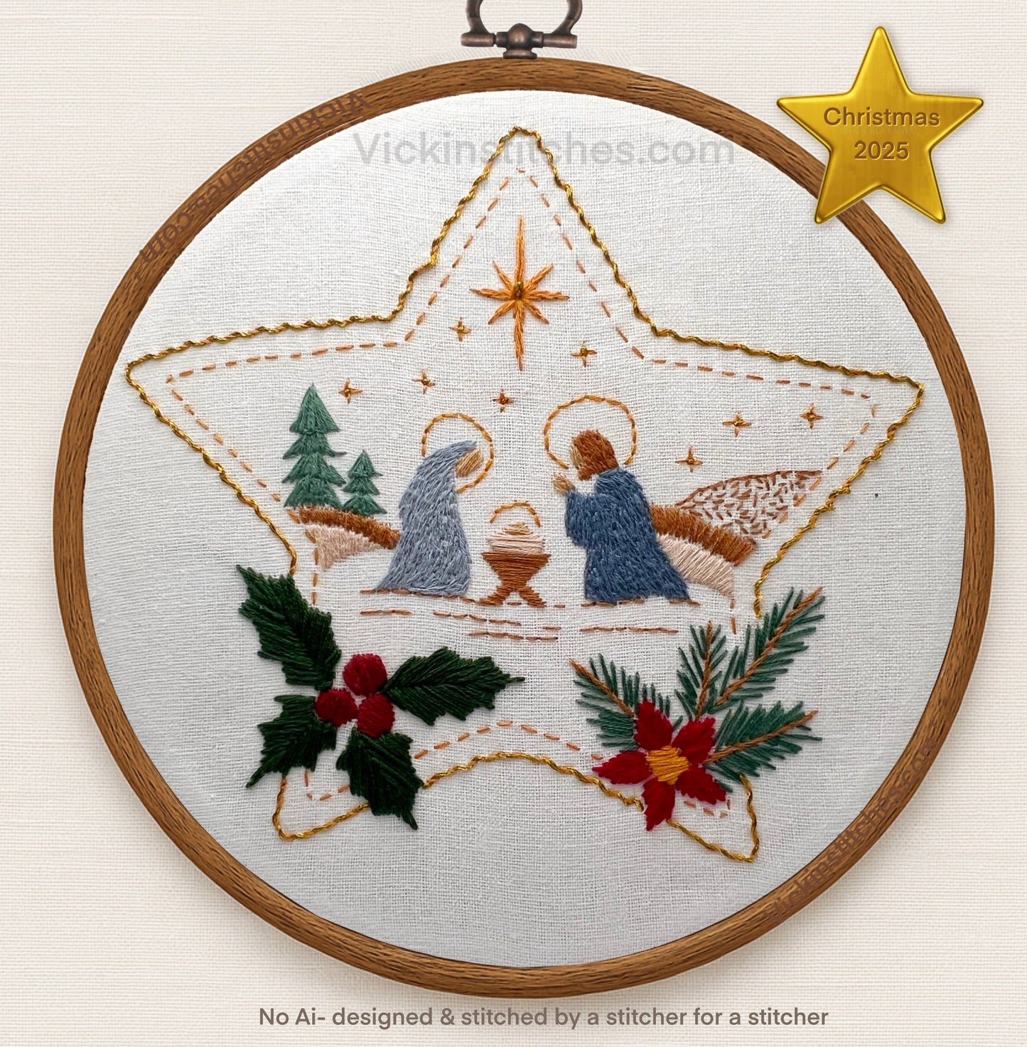 Christmas Nativity Embroidery Kit • Star Hoop Design • Beginner Kit • Manger Scene • Holiday Decor Gift
