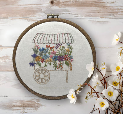 Flower Cart Embroidery Kit - Beginner Friendly, 6” Hoop, Vibrant Colors, Complete DIY Craft Kit