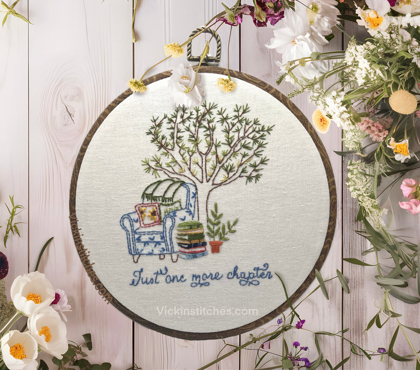 Just One More Chapter” Embroidery Kit - Beginner Friendly, 6” Hoop, Cozy Reading Nook Design, Complete DIY Kit