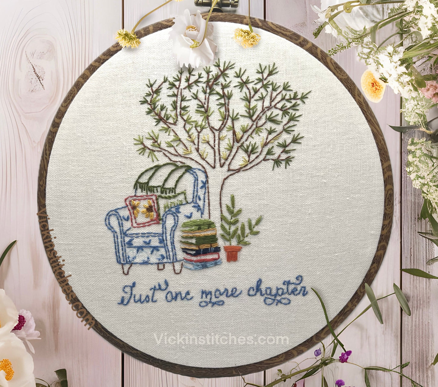 Just One More Chapter” Embroidery Kit - Beginner Friendly, 6” Hoop, Cozy Reading Nook Design, Complete DIY Kit