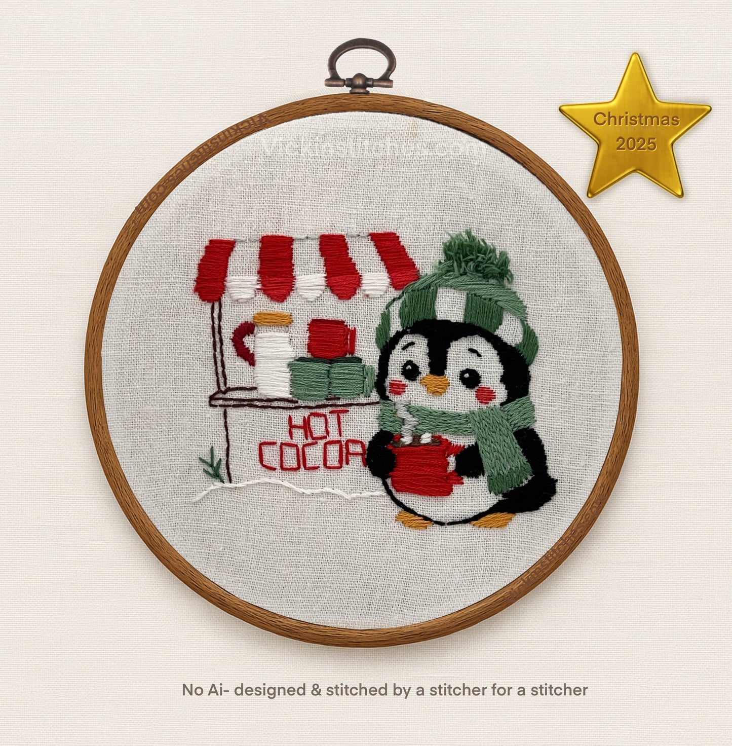 Penguin Hot Cocoa Beginner Embroidery Kit | Cozy Christmas Stitch | Winter Craft