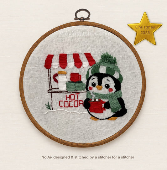 Penguin Hot Cocoa Beginner Embroidery Kit | Cozy Christmas Stitch | Winter Craft