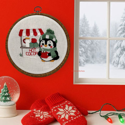 Penguin Hot Cocoa Beginner Embroidery Kit | Cozy Christmas Stitch | Winter Craft