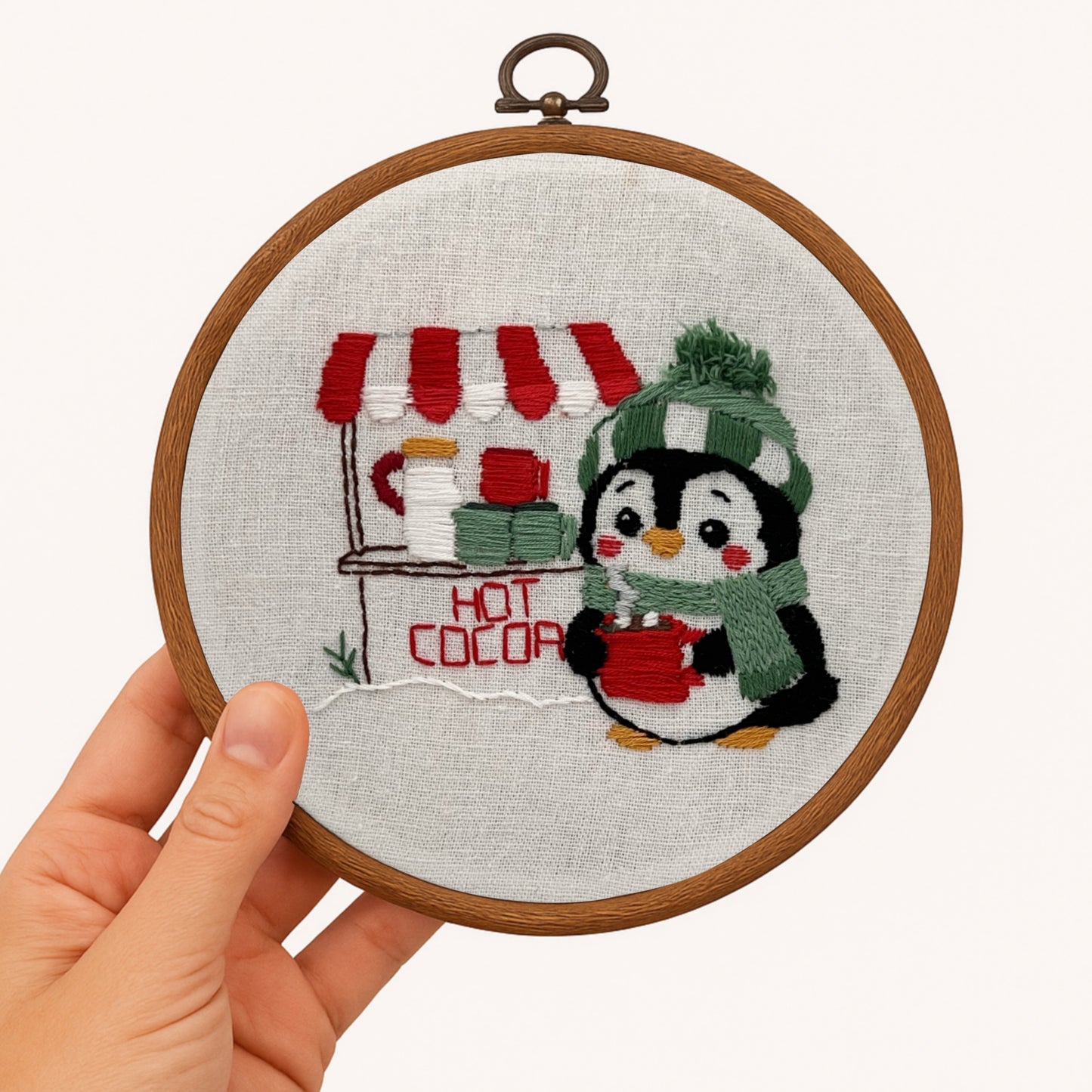 Penguin Hot Cocoa Beginner Embroidery Kit | Cozy Christmas Stitch | Winter Craft